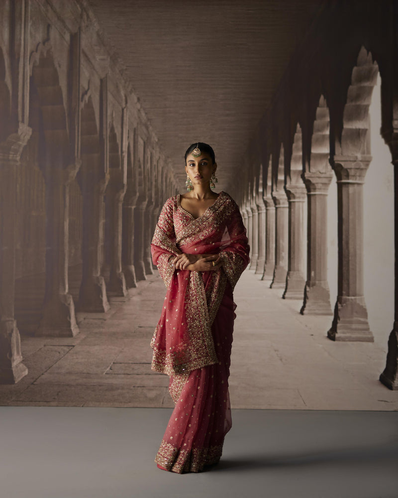 Red Saree With Jaal Blouse