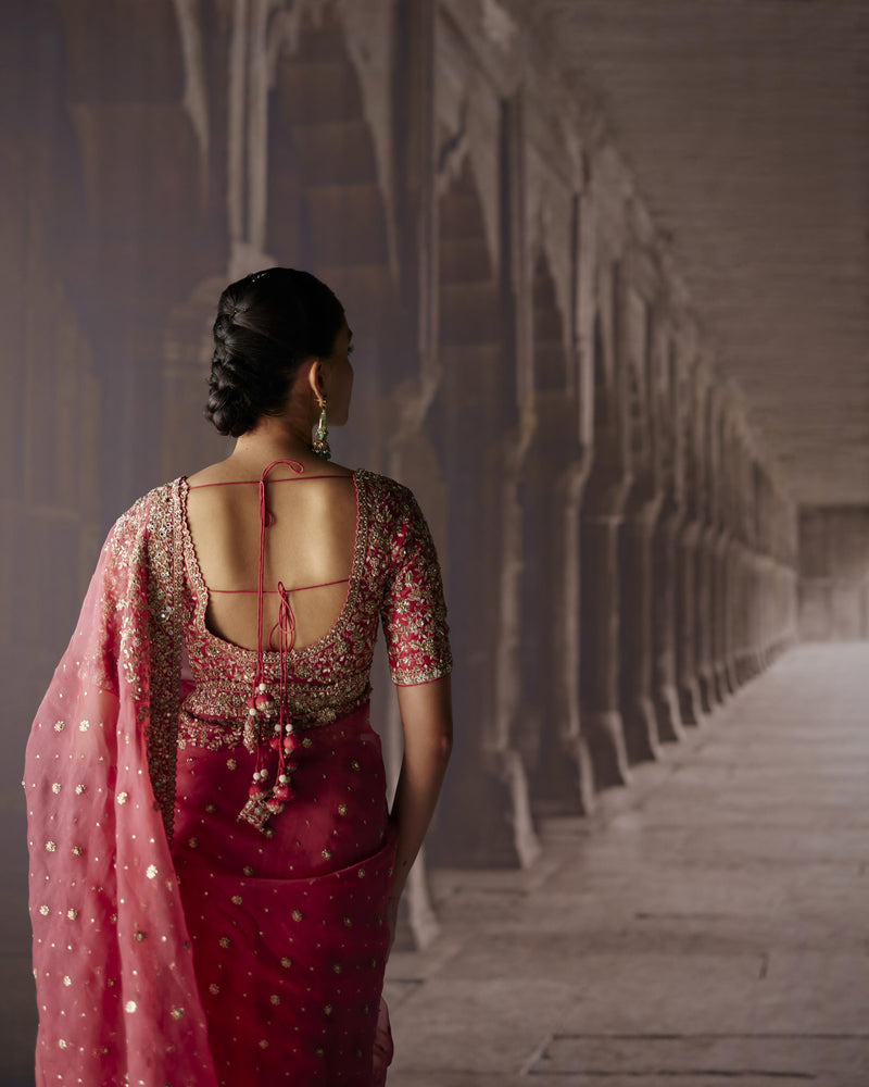 Red Saree With Jaal Blouse