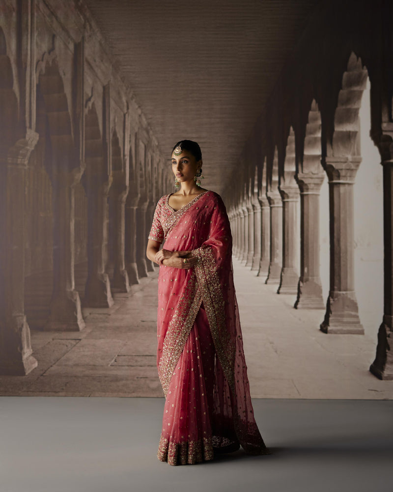 Red Saree With Jaal Blouse