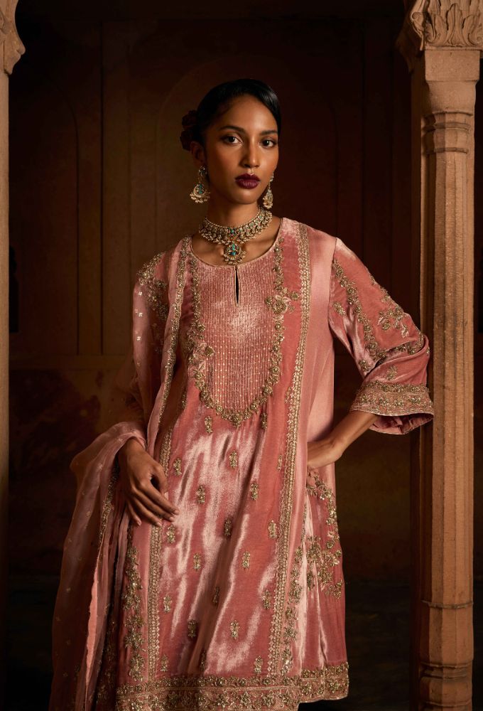 Rose-Pink Velvet Kurta With Silk Salwar