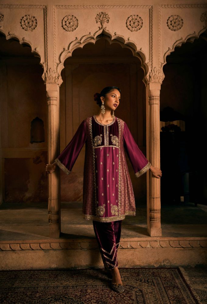 Wine Silk-Brocade Kurta with Velvet Detailing