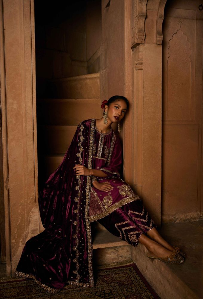 Wine Silk-Brocade Kurta with Velvet Detailing