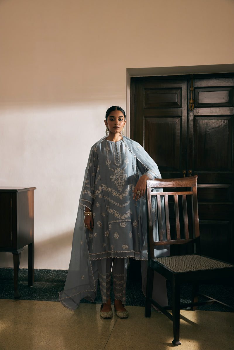 Grey-Blue Three Kali Kurta Set