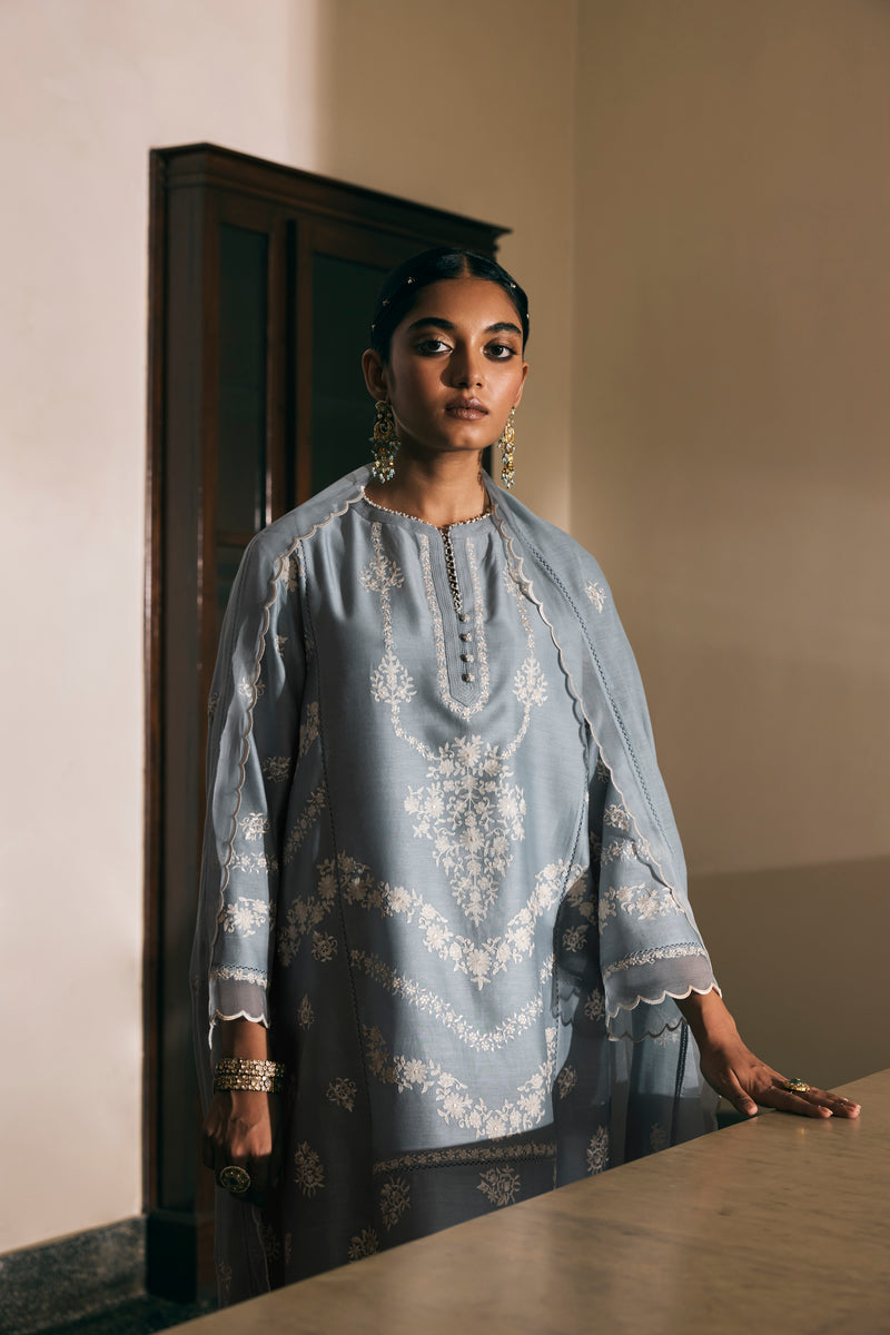 Grey-Blue Three Kali Kurta Set