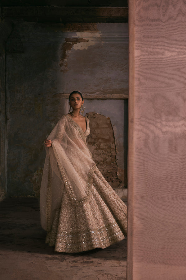 Ivory Thread Work, Sequin And Mirror Work Lehenga