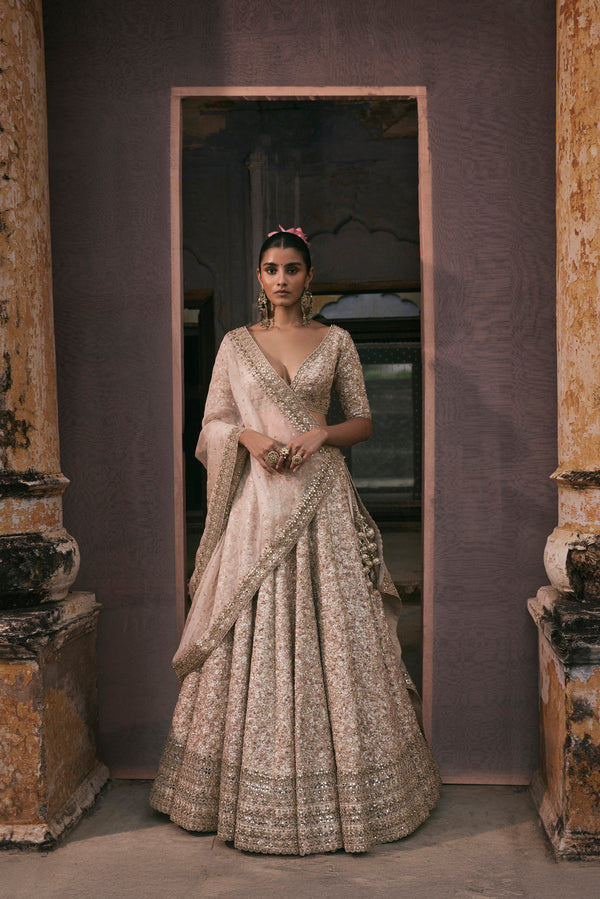 Ivory Thread Work, Sequin And Mirror Work Lehenga