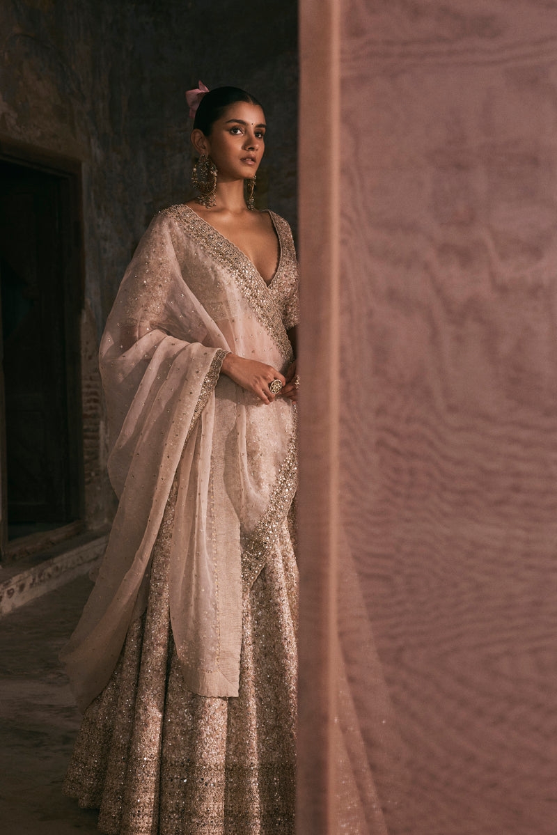 Ivory Thread Work, Sequin And Mirror Work Lehenga