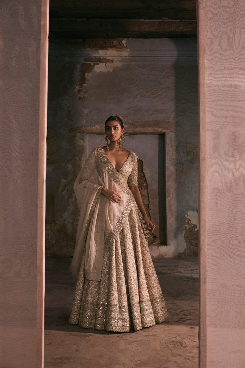 Ivory Thread Work, Sequin And Mirror Work Lehenga