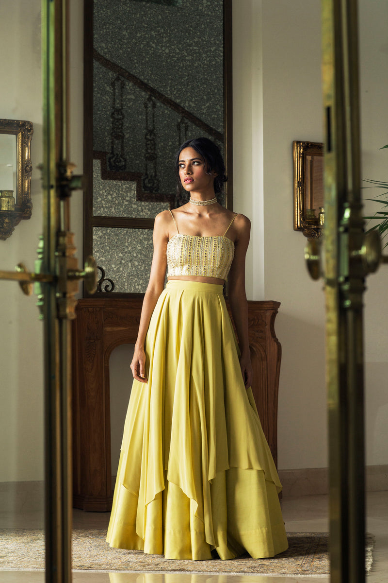 Mirror-Work Blouse With Layered Lehenga