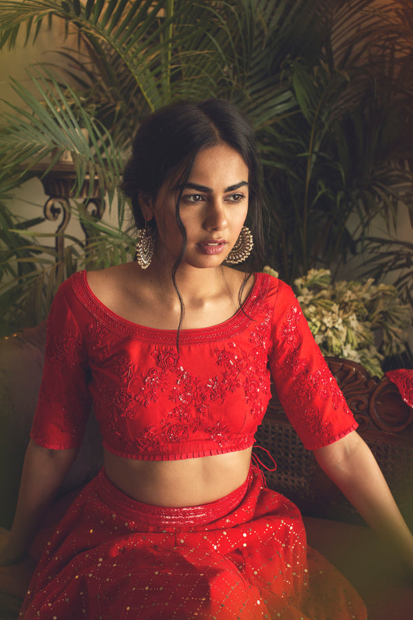 Red Mukaish Lehenga