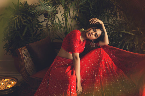 Red Mukaish Lehenga