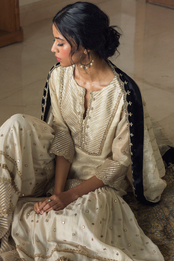 Tissue-Chanderi Kurta with Mirror-Work Gharara