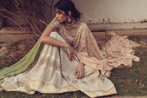 Tissue Chanderi Kurta With Aari-Dori Lehenga