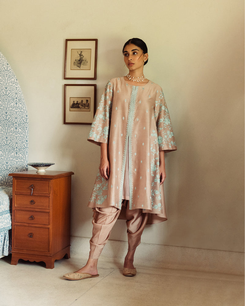 Beige Kurta With Aqua Resham Work