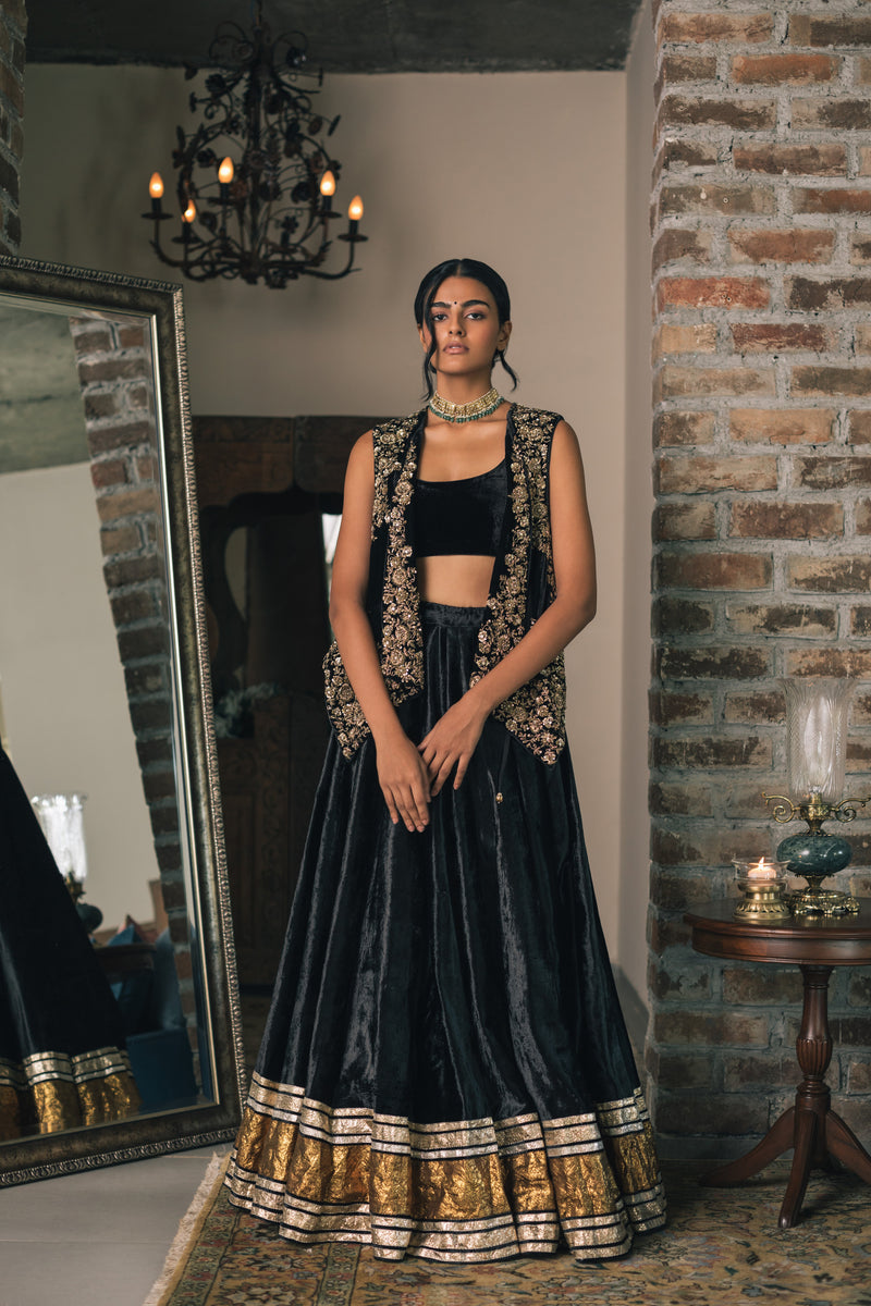 Jet Black and Gold Classic Banarasi Lehenga Set - Studio Iris- Fabilicious  Fashion