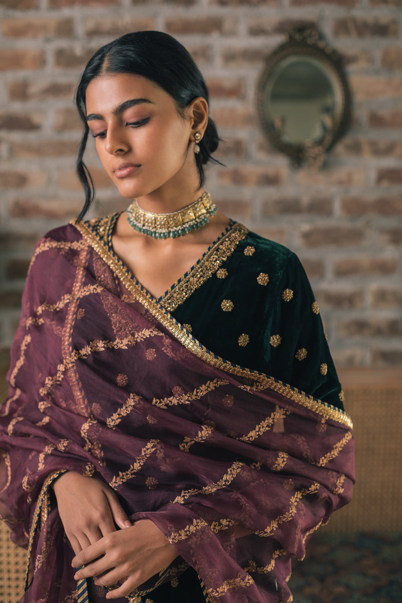 Dark-Green Velvet Booti Kurta Set