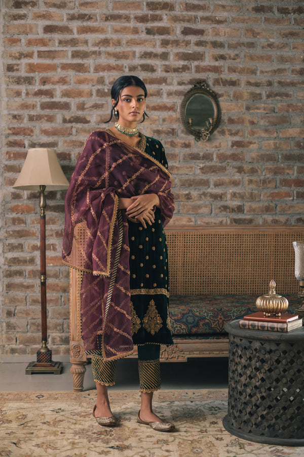 Dark-Green Velvet Booti Kurta Set