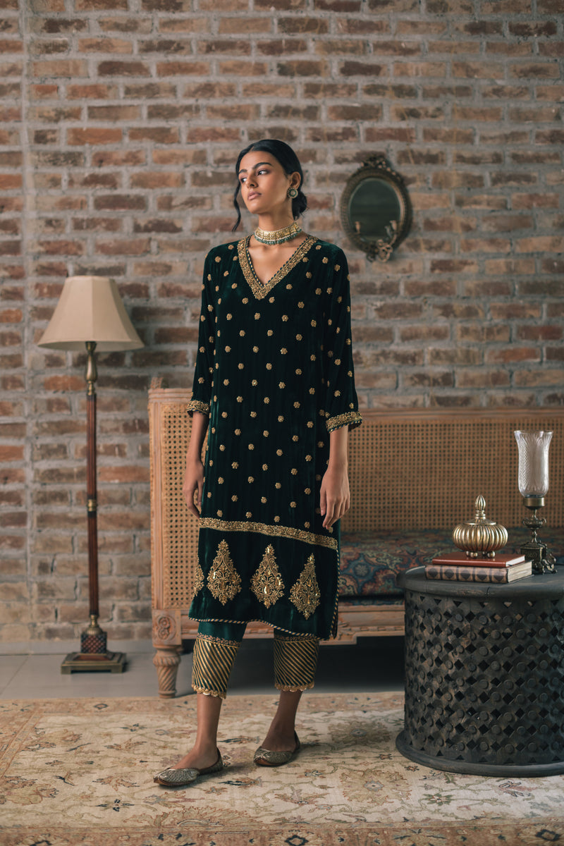 Dark-Green Velvet Booti Kurta Set