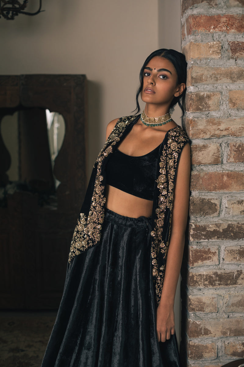 Velvet Lehenga With Full-Sleeved Designer Crop Top For Girls - Ethnic Race